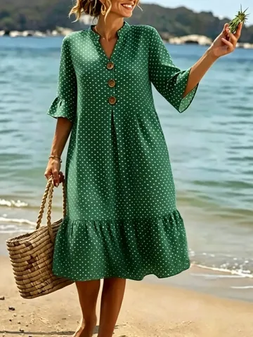 Women V Neck Polka Dot Ruffle Sleeve Bohemian Maxi Dress Polyester Spandex Vacation Summer Flowy A-line Party Beach Dress