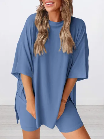 Women Casual Loungewear Top And Bottom Solid Color Short Sleeve Outfit Viscose Polyester Spandex Knit Pajamas With Pockets