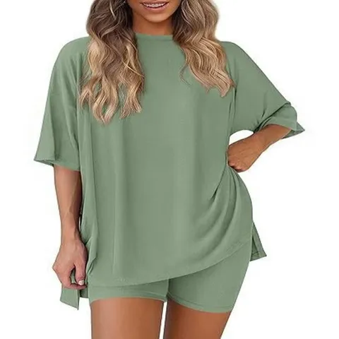Women Casual Loungewear Top And Bottom Solid Color Short Sleeve Outfit Viscose Polyester Spandex Knit Pajamas With Pockets