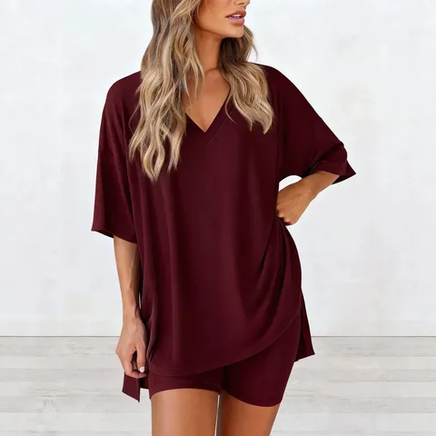 Women's Casual Polyester V-Neck Oversized T-Shirt And Biker Shorts Top And Bottom Summer Solid Loungewear Loungewear Home Wear