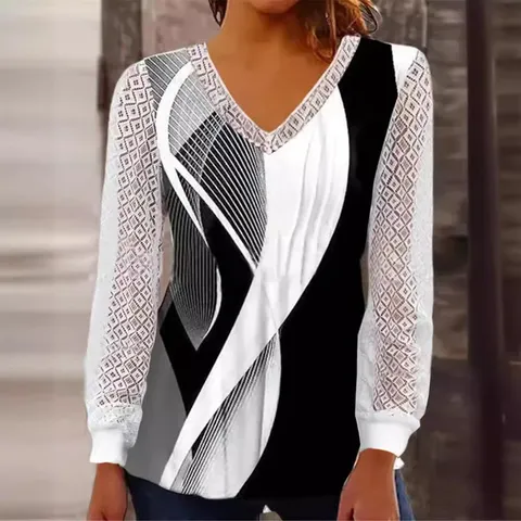 Women's V Neck Lace Patchwork Top Geometric Print Long Sleeve Loose Casual Blouse Shirt Elegant Ladies Clothing