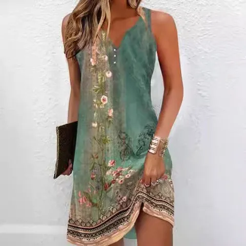 Women V Neck Sleeveless Floral Dress Summer Casual A Line Polyester Spandex Button Front Vintage Print Midi Dress