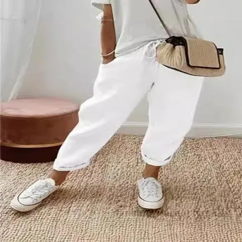 Damen Lässige Lose Baumwollmischung Elastische Taille Gekürzte Hosen Einfarbig Sommer Gerade Hosen Alltag