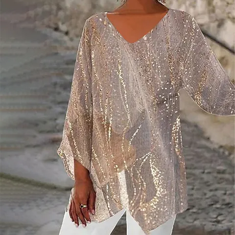 Women Plus Size V Neck Long Sleeve Top Polyester Printed Loose Irregular Hem Casual Fashion Commuting T-Shirt Blouse For Women