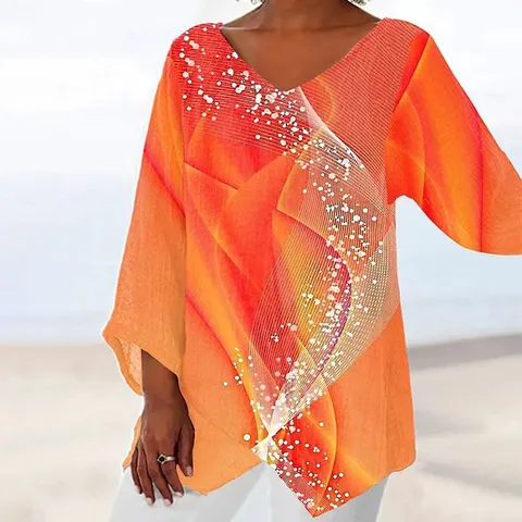 Women Plus Size V Neck Long Sleeve Top Polyester Printed Loose Irregular Hem Casual Fashion Commuting T-Shirt Blouse For Women