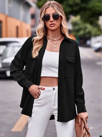 Damen Casual Einfarbig Einreiher Langarm Hemd Lockere Passform Umlegekragen Bluse Mit Brusttaschen