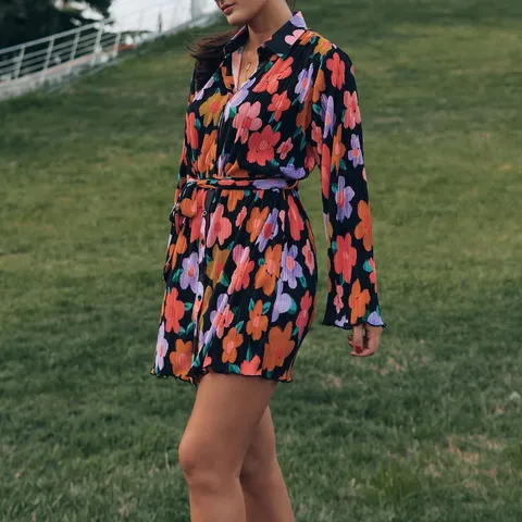 Women Long Sleeve Shirt Dress Casual Floral Print Slim Fit High Waist Mini Dress With Belt Fashion Commuting