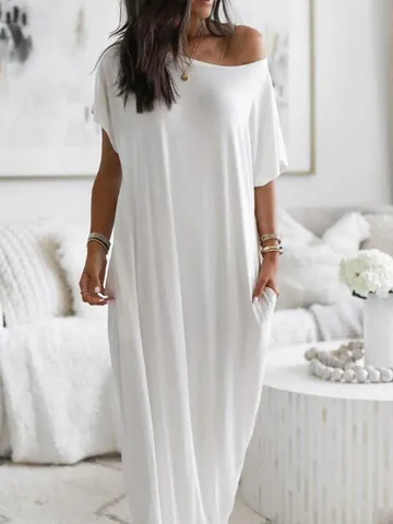 Women Casual Short Sleeve Maxi Dress With Pockets Loose Fit Solid Color Leopard Print Summer Beach Sundress Polyester Spandex Tunic Dress
