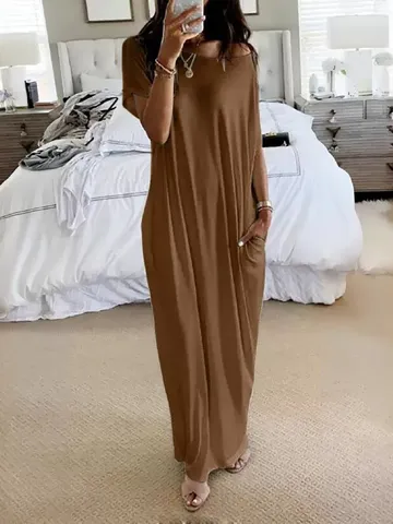 Women Casual Short Sleeve Maxi Dress With Pockets Loose Fit Solid Color Leopard Print Summer Beach Sundress Polyester Spandex Tunic Dress