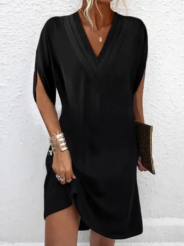 Women Casual V Neck Pleated Batwing Sleeve Midi Dress Solid Color Loose Elegant Spring Summer Dress