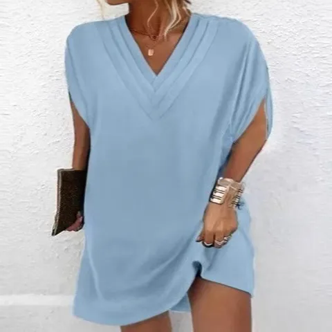 Women Casual V Neck Pleated Batwing Sleeve Midi Dress Solid Color Loose Elegant Spring Summer Dress