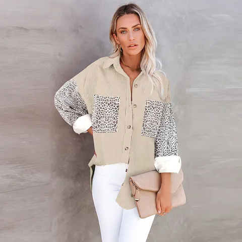 Women's Casual Leopard Print Corduroy Shirt Jacket Long Sleeve Lapel Single Breasted Loose Streetwear Outerwear Top