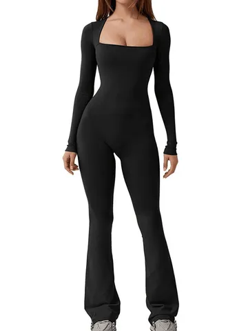 Women's Casual Long Sleeve Square Neck High Elastic Slim Fit Flare Jumpsuit Tummy Control Solid Color One-Piece Romper