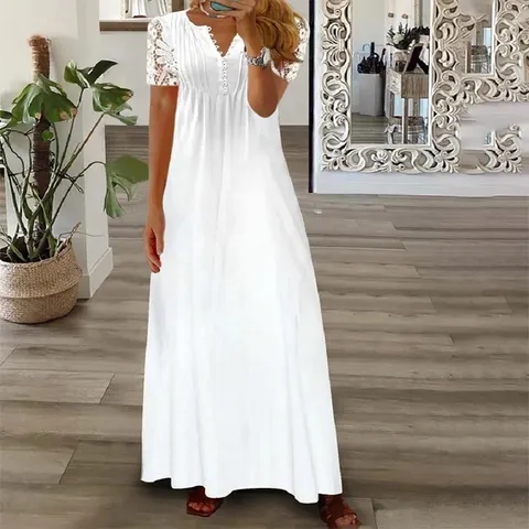 Women's V-Neck Short Sleeve Floral Print Maxi Dress Casual Loose A-Line Long Dress with Lace Trim Patchwork Button Design