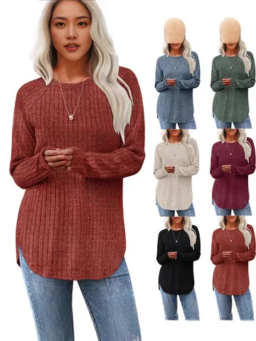 Dames Casual Lange Mouw Geribbelde Gebreide Top Losse Ronde Hals Asymmetrische Gebogen Zoom Herfst Trui Effen Kleur