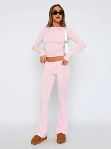 Women Casual Solid Color Crop Top And Long Flare Pants Set Slim Fit Long Sleeve Outfit Streetwear Fashion Clothing