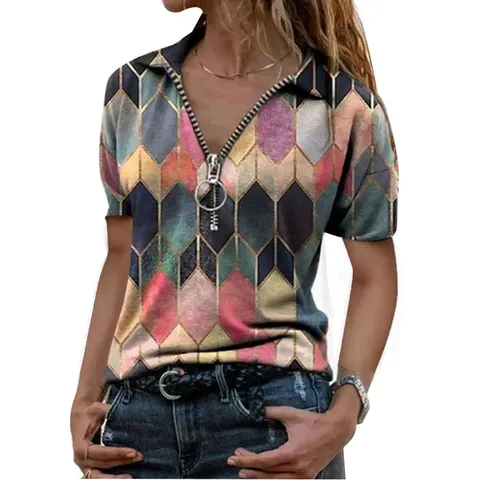 Plus Size Women's Casual V-Neck Short Sleeve Geometric Print T-Shirt Summer Loose Zipper Pullover Top