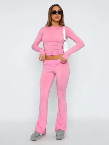 Women Casual Solid Color Crop Top And Long Flare Pants Set Slim Fit Long Sleeve Outfit Streetwear Fashion Clothing