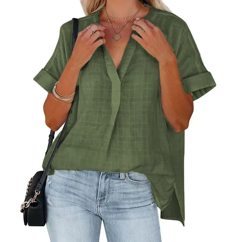 Women's Casual Loose Short Sleeve V-Neck Striped Blouse Summer Lightweight Pullover Top