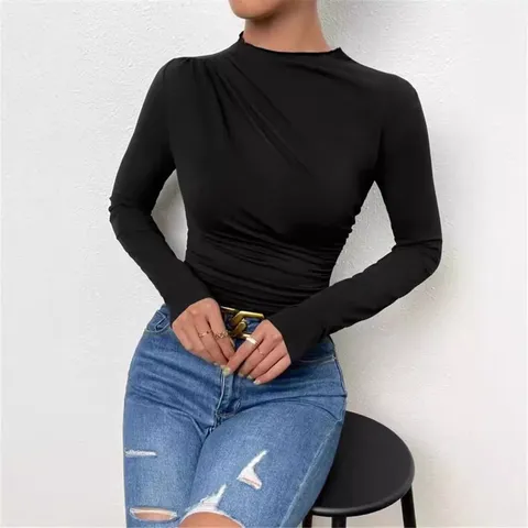 Women Casual Solid Color Long Sleeve T-Shirt Slim Fit Ruched Design Basic Versatile Mock Neck Top