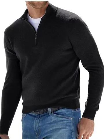 Heren Casual Lange Mouw V-Hals Wolmix Rits Poloshirt Herfst Mode Breiwerk Trui Effen Kleur Zakelijke Tops