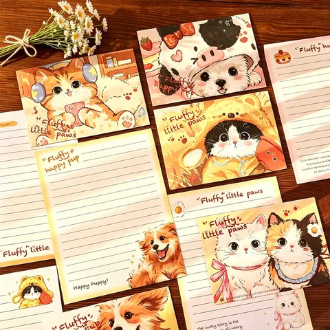 Lindo Juego de Papel de Carta y Sobres Mascotas Dibujos Animados Estilo Ins Papelería Estética Regalo Escritura a Mano Gato Perro Papelería Cartulina
