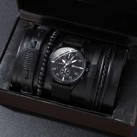 Men Quartz Watch Business Casual Alloy Case PU Leather Strap Wristwatch With Multiple Bracelets Set Fashion Gift