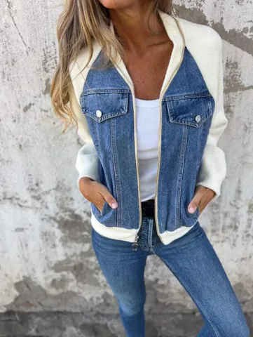 Women Casual Hooded Patchwork Jacket Long Sleeve Zipper Pocket Warm Fleece Wool Blend Coat Outerwear