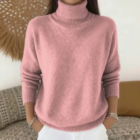 Women's Casual Solid Color Turtleneck Long Sleeve Wool Blend Pullover Sweater Loose Fit Fashion Knitwear Top For Autumn Winter