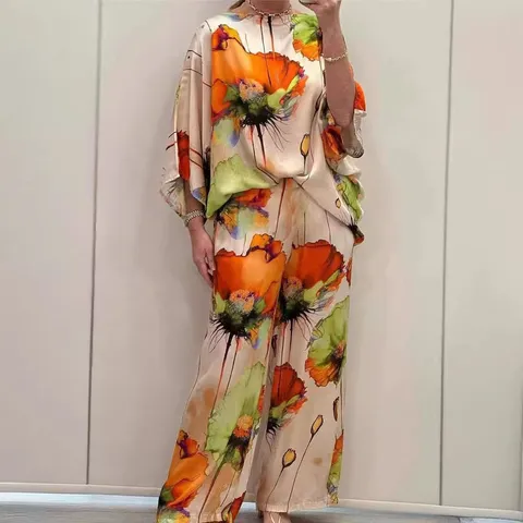 Women Casual Satin Two Piece Set O-Neck Batwing Sleeve Top And Wide Leg Pants Printed Elegant Outfit