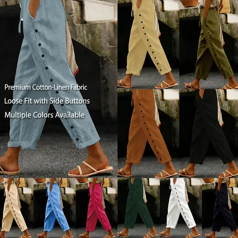 Dames Casual Katoen-Linnen Mix Enkelhoge Harembrok Middelste Taille Effen Kleur Trekkoord Gesplitste Knopen Broek