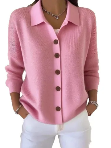 Women's Casual Solid Color Long Sleeve Polo Collar Button Knit Cardigan Sweater Autumn Fashion Knitwear Outerwear