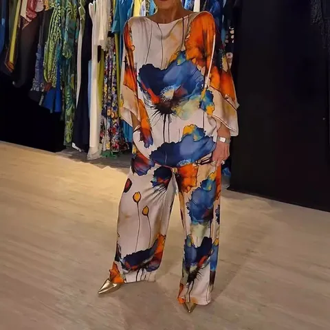 Women Casual Satin Two Piece Set O-Neck Batwing Sleeve Top And Wide Leg Pants Printed Elegant Outfit