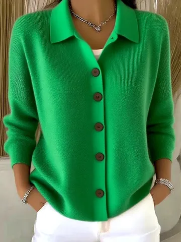 Women's Casual Solid Color Long Sleeve Polo Collar Button Knit Cardigan Sweater Autumn Fashion Knitwear Outerwear