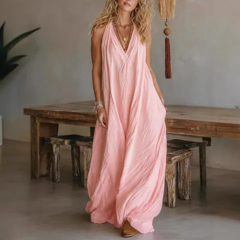 Women's Casual Summer Sleeveless V-Neck Maxi Dress Loose Long Beach Dress With Pockets