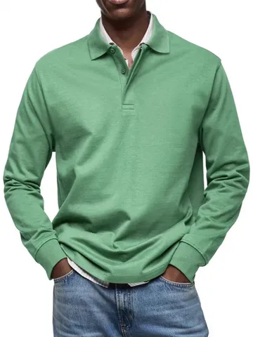 Men's Casual Long Sleeve Polo Shirt Turn-down Collar Button Solid Color Breathable Regular Fit Spring Autumn Top