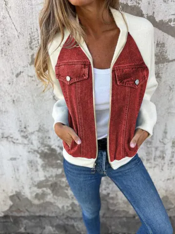 Women Casual Hooded Patchwork Jacket Long Sleeve Zipper Pocket Warm Fleece Wool Blend Coat Outerwear