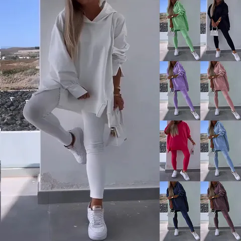 Women Casual Solid Color Hooded Sweatshirt And Skinny Pants Two Piece Set Long Sleeve Split Hoodie Activewear Tracksuit