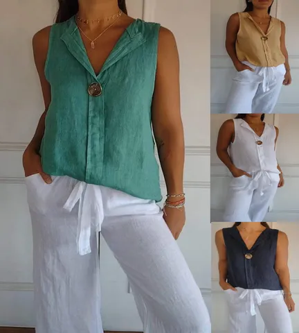 Women Casual Cotton Blend V-Neck Sleeveless Blouse Summer Solid Color Loose Fake Cardigan Top Female Clothing