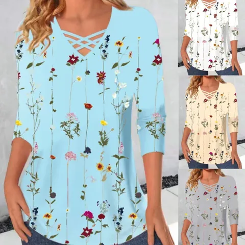 Women Casual V-Neck Cross Floral Print Long Sleeve T-Shirt Autumn Basic Loose Pullover Daily Soft Top