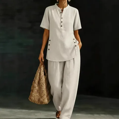 Women Casual Linen Blend Two Piece Set Stand Collar Short Sleeve Button Shirt And Wide Leg Pants Suit