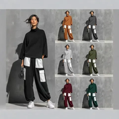 Women Autumn Winter High Neck Sweatshirt Loose Spliced Cargo Pants Two Piece Set Casual Streetwear Outfit