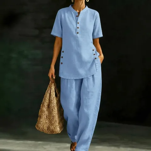 Women Casual Linen Blend Two Piece Set Stand Collar Short Sleeve Button Shirt And Wide Leg Pants Suit