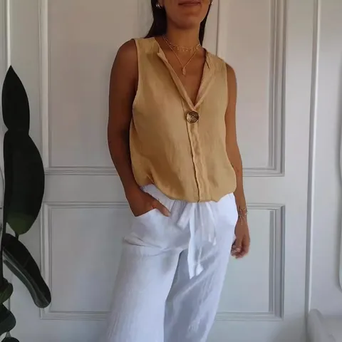 Women Casual Cotton Blend V-Neck Sleeveless Blouse Summer Solid Color Loose Fake Cardigan Top Female Clothing