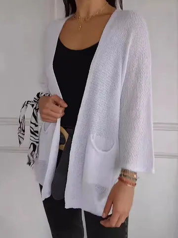 Women Casual Waffle Knit Open Front Cardigan Jacket Three Quarter Sleeve Solid Color Regular Fit Pocket Autumn Outerwear