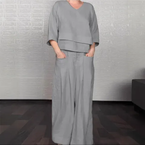 Women Casual Solid Color V-Neck Three-Quarter Sleeve Top And Long Pants Loose Plus Size Cotton Blend Top And Bottom