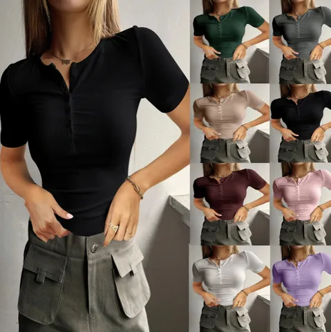 Chemise Slim en Tricot Côté à Boutons Manches Courtes pour Femmes Couleur Unie Haut Basique Mode Été