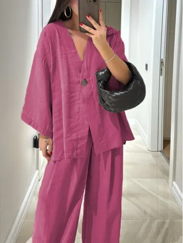 Women Casual Polyester V-Neck Short Sleeve Top And Wide Leg Pants Two Piece Outfits Solid Color Fashion Loungewear For Ladies