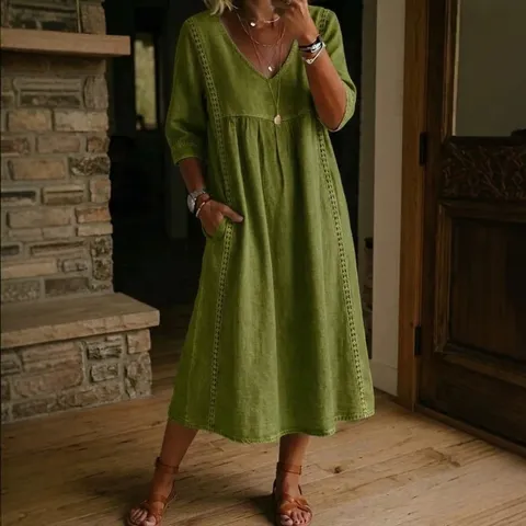 Women Casual V Neck Lace Patchwork Linen Polyester Dress Loose Fit Short Sleeve A Line Maxi Dress With Pockets