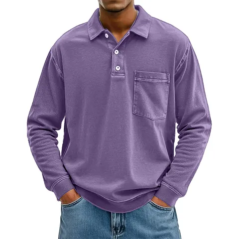 Men's Casual Solid Color Long Sleeve Polo Shirt With Chest Pocket Fashion Lapel Button Collar Polyester Top For Business Daily Autumn
